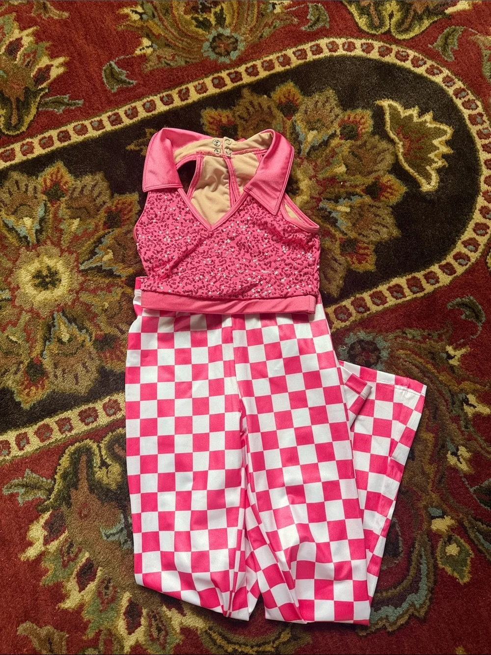 Weissman Pink Sequin Halter Top with Pink & White Checker Pants